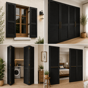 Volets persiennes en bois de pin massif sur mesure, avec rail supérieur arqué noir, pour fenêtres, style ferme moderne, décoration extérieure écologique pour la maison - Product Image 5