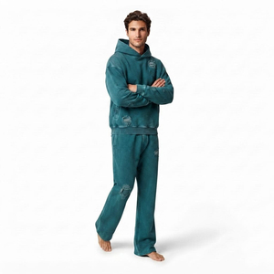 Men's Relaxed Fit Acid Wash Distressed Tracksuit Drop Shoulder Kangaroo Pocket Hoodie And <b>Wide</b> <b>Leg</b> <b>Jogger</b> Two Piece - Product Image 4