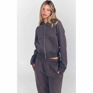 Ensemble de survêtement décontracté 2 pièces gris pour femme, sweat-shirt court zippé et pantalon de jogging en molleton à manches longues, coupe ample, toutes saisons - Product Image 6