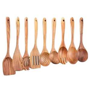 Ensemble d'ustensiles de cuisine en teck à 6 pièces à fixer au mur avec support de suspension noir, organisateur professionnel pour spatules et louches - Product Image 4