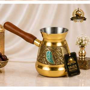 Gold Brass Turkish <b>Coffee</b> Pot Silver Accent Pattern Long Handle Brass Cezve Ibrik Stovetop Arabic <b>Coffee</b> <b>Maker</b> Wholesale - Product Image 6