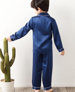 Pyjama pour enfants à manches longues, couleur unie bleue, vêtements de nuit, tissu doux, longueur normale, pour l'automne - Product Image 2