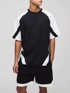 Ensemble d'été pour homme, deux pièces, noir et blanc, coupe oversize, avec empiècements contrastants, t-shirt et short décontractés de qualité supérieure, personnalisable - Product Image 2