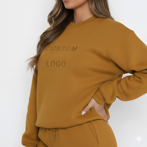 Ensemble sweat-shirt et short 2 pièces pour femme avec logo personnalisé, 100 % coton, motif uni, col rond, manches longues, tenue décontractée d'hiver - Product Image 3