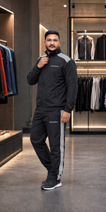 REXFIT SPORTS 2026 Ensemble de survêtement personnalisé en nylon noir avec bandes latérales blanches, veste zippée intégrale et pantalon, ensemble de vêtements de sport à marque privée - Product Image 6