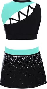 Conjunto de Dos Piezas para Animadoras, Color Verde Menta y Negro, Top Corto con Pedrería y Falda sin Mangas, Cintura Elástica, Ropa de Baile para Entrenamiento - Product Image 3