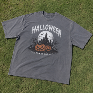เสื้อยืดฮาโลวีนผู้ชายทรงโอเวอร์ไซส์ สีเทา ผ้าฝ้าย พิมพ์ลายฟักทอง หลุมศพ ค้างคาว ปราสาท แขนสั้น สไตล์ลำลอง โกธิค สตรีทแวร์ - Product Image 6