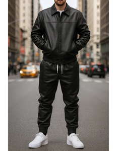 Men's Leather Look Tracksuit Set Full Length Jacket With Button Up Collar And Drawstring <b>Pants</b> Casual Autumn Wear - Product Image 4