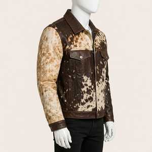 Veste de motard en cuir véritable pour homme, motif vachette, col rabattu, fermeture boutonnée, coupe classique, automne, décontractée - Product Image 4