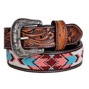 Western Diamond Beaded <b>Leather</b> Belt Cowboy Vintage Embroidery Unisex Western <b>Leather</b> <b>Tooling</b> Belt - Product Image 1
