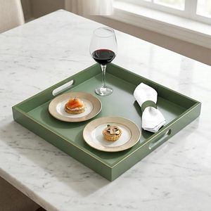 Plateau décoratif en bois laqué vert, motif floral, forme rectangulaire, poignées latérales, finition brillante, design moderne pour mariage, fruits - Product Image 4