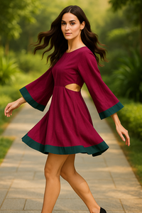 เดรสยาวคลุมเข่าผ้าโพลีเอสเตอร์สีแดงเบอร์กันดีทันสมัยมีสไตล์  แบบชิ้นเดียว  ใส่สบาย ไม่ยับ แห้งเร็ว  ไซส์ M L XL XXL ขายส่ง - Product Image 5