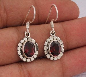 Natural Red Garnet <b>Solid</b> 925 Sterling <b>Silver</b> Handmade Vintage Luxury Drop <b>Earrings</b> for Wedding Anniversary Gift Party - Product Image 1