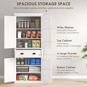 72-Inch White Freestanding <b>Pantry</b> Cabinet <b>Kitchen</b> Storage with 4 Adjustable Doors Drawer and Shelves - Product Image 4