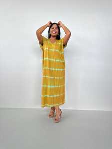 Robe de salon en jersey de coton pour femmes, style caftan marocain, tie-dye, col en V avec poches - Product Image 3
