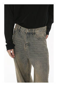Jean en denim délavé coupe droite taille mi-haute pour homme, respirant, style streetwear, couleur unie, coupe ample, décontracté, automne, polyester/coton - Product Image 2