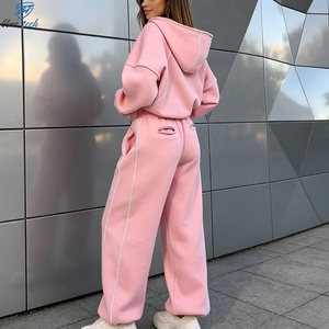 Custom Logo Women's Fleece <b>Tracksuit</b> <b>Set</b> <b>Pink</b> Zip Up Hoodie Loose Fit Sweatpants OEM ODM Sportswear Factory Wholesale - Product Image 3