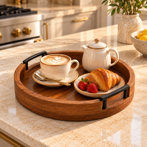 Classic Natural Wood Serving <b>Tray</b> | Black Metal Handles Raised Rim Multi-Functional Wedding Tea Coffee Snack Dining <b>Table</b> - Product Image 3