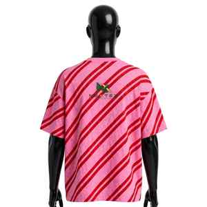 T-shirt unisexe NEXTEX à rayures diagonales rose et rouge en jersey de coton doux à col rond décontracté - Product Image 2