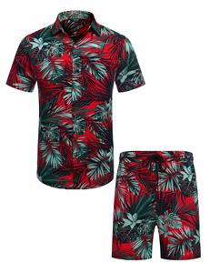 Men Comfort <b>Set</b> Floral Leaf Print Short Sleeve Shirt Beach Shorts Matching Holiday Summer Casual Colorful top mens twin <b>set</b> - Product Image 1