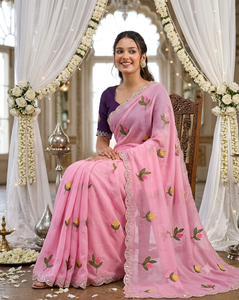 Sari de Rayón Rosa Bordado con Diseño Floral, Traje Tradicional de Boda para Mujer, Estilo India-Pakistán, Largo hasta el Suelo, Corte Regular - Product Image 6