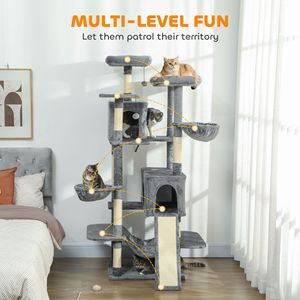 Albero per gatti grigio scuro da 175 cm con 8 posti per grattare, torre multilivello con 2 cucce e 3 amache per più gatti - Product Image 4