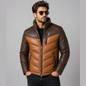 Puffer Leather <b>Jacket</b> for <b>Men</b> Embroidery Breathable Windproof Street Style Pakistan Made High Quality - Product Image 1