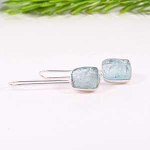 Pendientes de Plata de Ley 925 con Aguamarina Natural, Cristal en Bruto, Colgantes, Piedra de Nacimiento de Marzo - Product Image 1