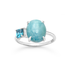 Anillo de Boda Clásico y Único de Plata de Ley S925 con Gema Cabujón de Topacio Azul Larimar Ovalado Natural, Joyería Fina - Product Image 2