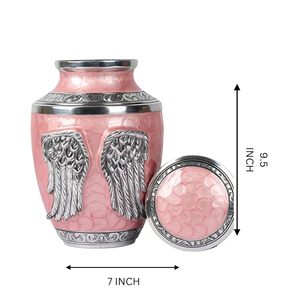 Urne funéraire en aluminium avec motif d'ailes d'ange, finition émail rose, décorative, pour adulte, pour enterrement ou crémation. - Product Image 1