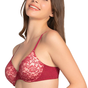 Conjunto de sujetador con aros y encaje floral rojo para mujer, copa 3/4, push-up, tirantes ajustables, espalda en Y, sin costuras, de punto, spandex y nailon - Product Image 2