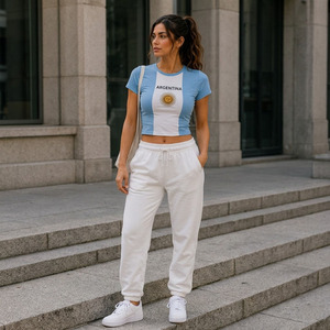 เสื้อยืดครอปท็อปผู้หญิงลายธงชาติ สไตล์ Y2K ผ้าถักยืดหยุ่น ไม่เป็นขุย - Product Image 4