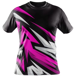 Camiseta de Manga Corta para Hombre, Negra y Rosa con Estampado Geométrico, Cuello Redondo, Secado Rápido, Corte Deportivo, Ajuste Delgado, Tejido de Poliéster - Product Image 1