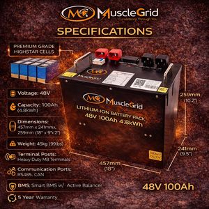 Batterie solaire au lithium LiFePO4 MuscleGrid 48V 100Ah avec BMS intelligent, plus de 6000 cycles, communication RS485 et CAN, systèmes solaires domestiques - Product Image 6