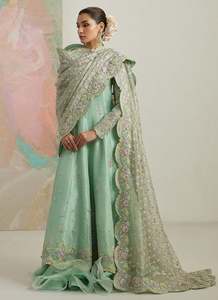 Robe de soirée longue verte brodée à imprimé floral, coupe trapèze, pour femme, style Anarkali, avec dupatta, en satin, pour tenue de soirée formelle, taille naturelle - Product Image 3