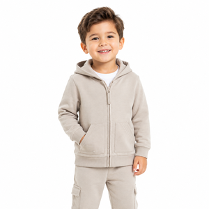 Ensemble de survêtement pour garçons avec sweat à capuche zippé et pantalon cargo beige uni, vêtements de sport décontractés pour enfants - Product Image 1