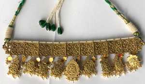 Gold Fine Jewelry <b>Set</b> Ethnic Natural Stone Choker Necklace with Navratan Pendant for Women's Wedding Party - Product Image 6
