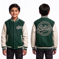 Veste de baseball personnalisée verte avec broderie de logo, vente en gros OEM ODM, veste de sport pour enfants et jeunes