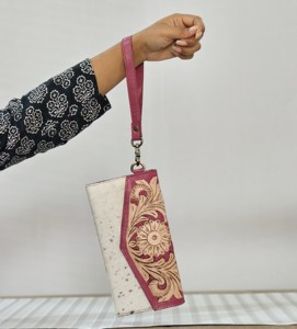 2026 Handmade Genuine Leather Long <b>Wallet</b> With Floral Embossing Fold Closure Women's Bohemian Style Pink & White Color Daily Use - Product Image 2