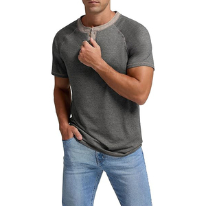 Casual Men T <b>Shirt</b> Short Sleeve Button Placket Raglan Contrast Stitching Cotton Summer Tee - Product Image 6
