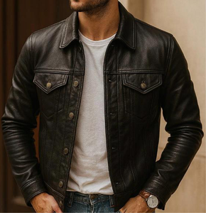 Leather Jacket for Men with Stand Collar and Front Logo-Winter Casual - Product Image 2