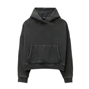 Washed <b>Black</b> Solid Autumn Heavyweight Hoodie Oversized Boxy Cropped Fit 510 GSM Cotton <b>Fleece</b> No Drawstring Streetwear - Product Image 5