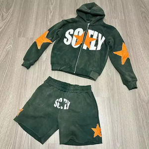 Ensemble streetwear tendance : sweat à capuche en coton délavé et vieilli, pantalon baggy oversize, broderie, impression en relief et strass - Product Image 2