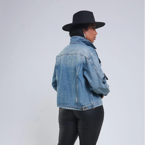 Women's Denim <b>Trucker</b> <b>Jacket</b> With Hand Drawn Print Turn-Down Collar Button Closure Autumn Casual Full Sleeve Regular Length - Product Image 4