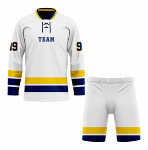 Ensemble Maillot et Pantalon de Hockey sur Glace Personnalisé pour Homme – Rayures Blanches, Jaunes et Bleues – Sublimé, Respirant, Manches Longues, Col en V – Équipe 9 - Product Image 1