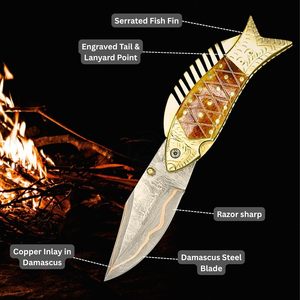 Unique <b>Copper</b> Damascus Steel Artistic Fish Folding Pocket Knife Collectible EDC Multi-Functional Camping Hunting Knife - Product Image 4