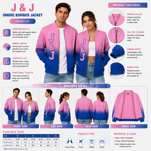 Chaqueta Bomber de Invierno Unisex Personalizada en Degradado Rosa y Azul, Resistente al Viento, con Apliques J&J y Cierre de Cremallera - Product Image 6