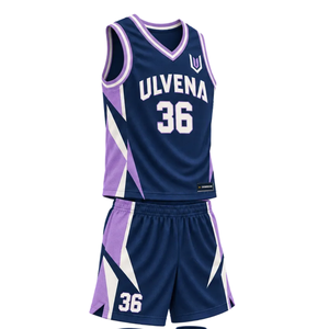 Custom <b>Mens</b> <b>Navy</b> Purple White Basketball Uniform Set V Neck Sleeveless Jersey <b>Shorts</b> Side Panels Team Name Number Wholesale Kits - Product Image 1