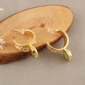 18K Gold Plated Bezel Set Fancy <b>Drop</b> Earrings with Prehnite Chalcedony Stone Women's Classic Style Jewelry for Party Occasions - Product Image 6