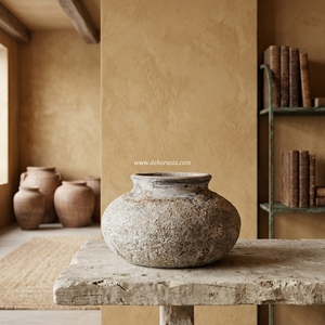 Desplo Hard Rustic Distressed Hard Grey Stone Rustic Patina Terracotta Clay Handcrafted <b>Ceramic</b> Squat Pot Vase Bowl Decorative - Product Image 6
